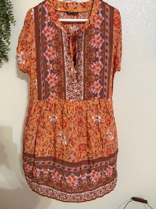 Boho Mini Dress Rust Floral Paisley Cottagecore Western Festival Summer Large - Picture 6 of 11